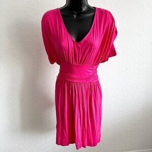 BCBGeneration Dress Shirred Shoulder Tie Belt V Neck Mini Dress Pink Extra Small